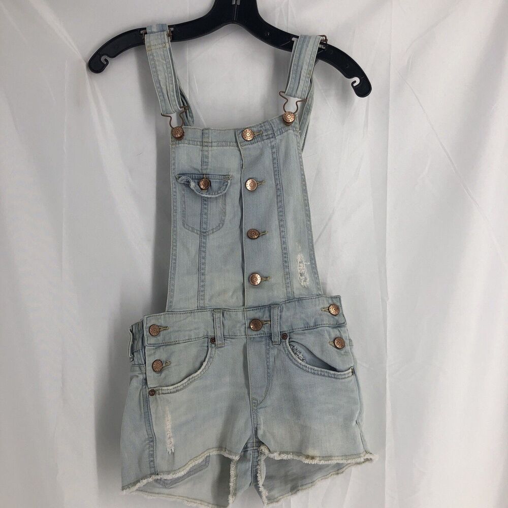 Divided H&M Jean Overalls Womens Size 2 Blue Distressed Denim Shorts Streetwear
